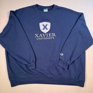 Vintage Champion Mens Blue XXXL Xavier University Pullover Sweatshirt Eco Fleece